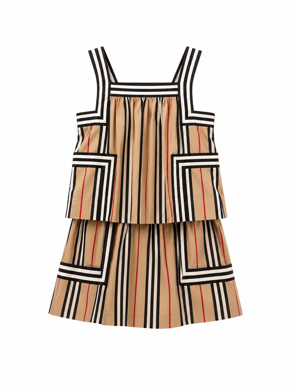 Burberry Beige Striped Layered Kids Dress with Black & Red Accents